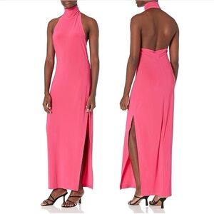 NWT Norma Kamali Halter Turtle Side Slit Gown - Rose Pink Sleeveless Maxi Dress
